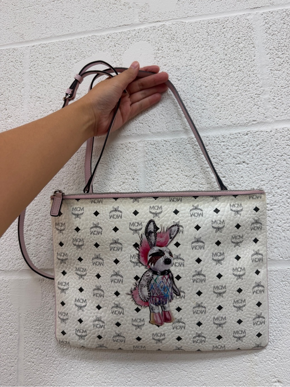 MCM Pink and White Logo Shoulder Bag with Bunny Motif